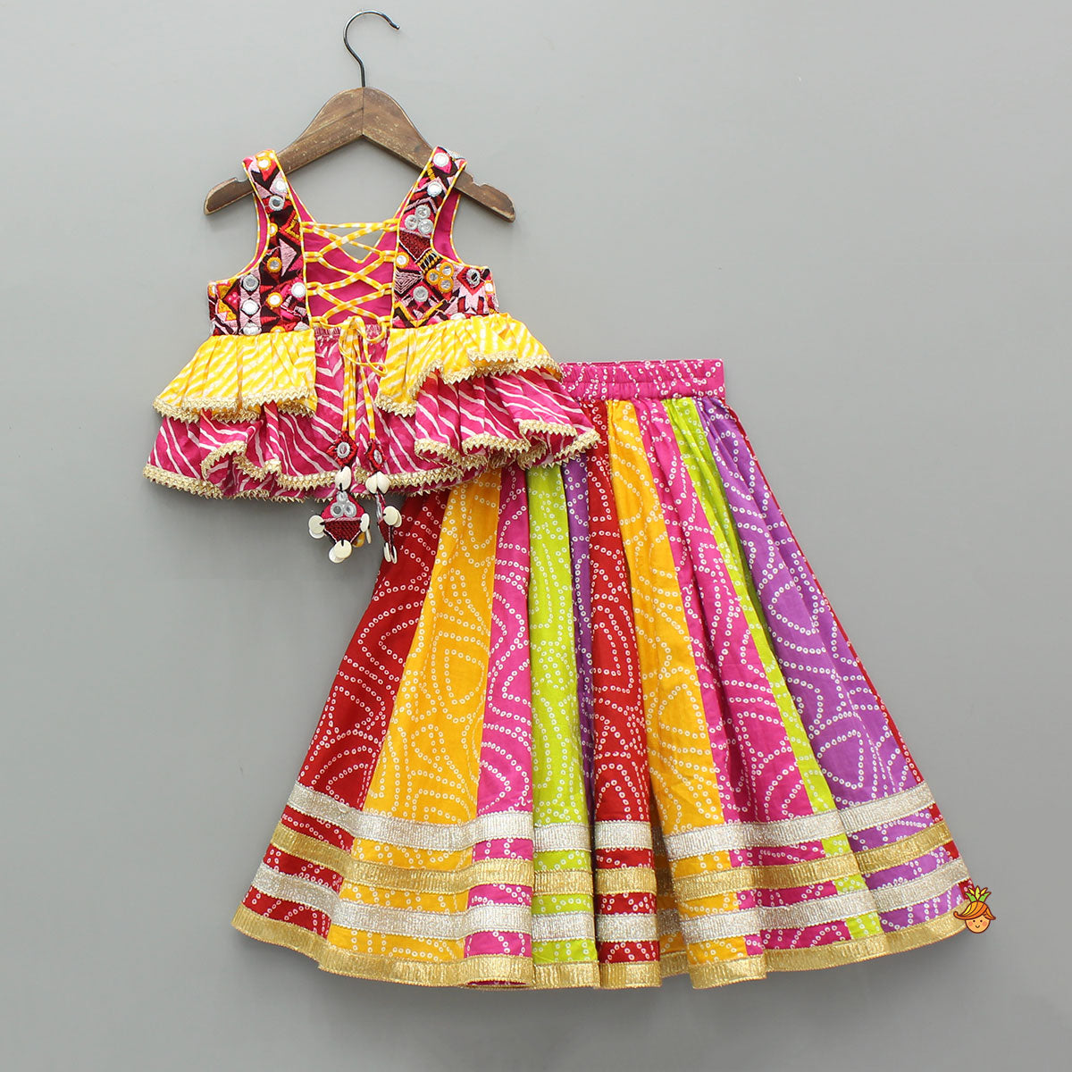 Pre Order: Faux Mirror Embroidered Colourful Tiered Top With Multicolour Bandhani Lehenga And Dupatta With Bandana