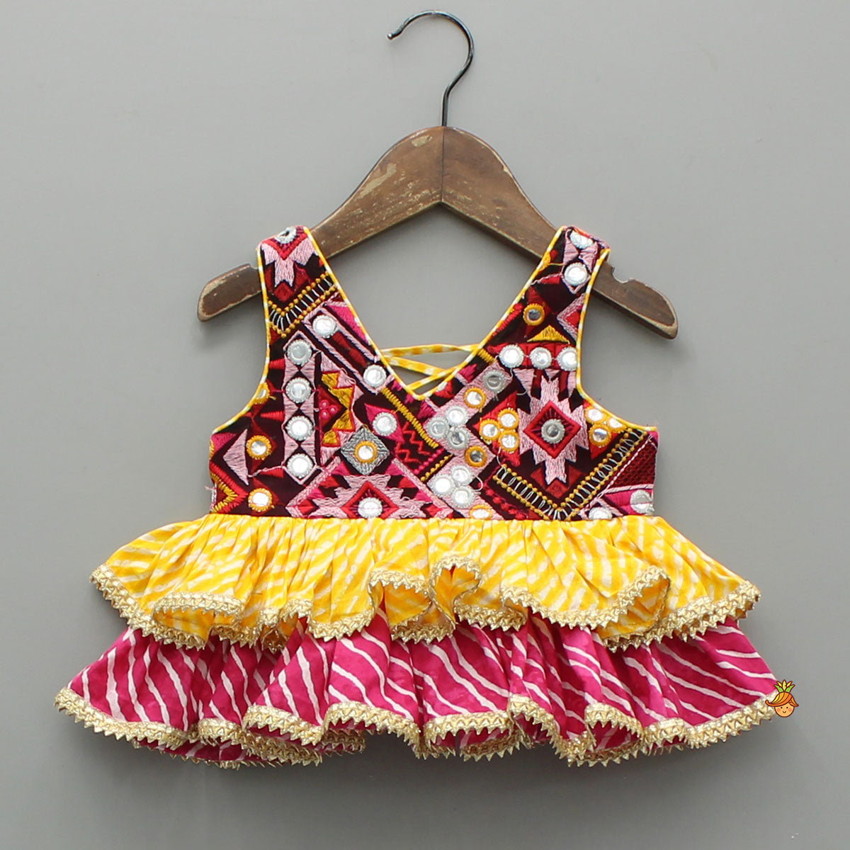 Pre Order: Faux Mirror Embroidered Colourful Tiered Top With Multicolour Bandhani Lehenga And Dupatta With Bandana