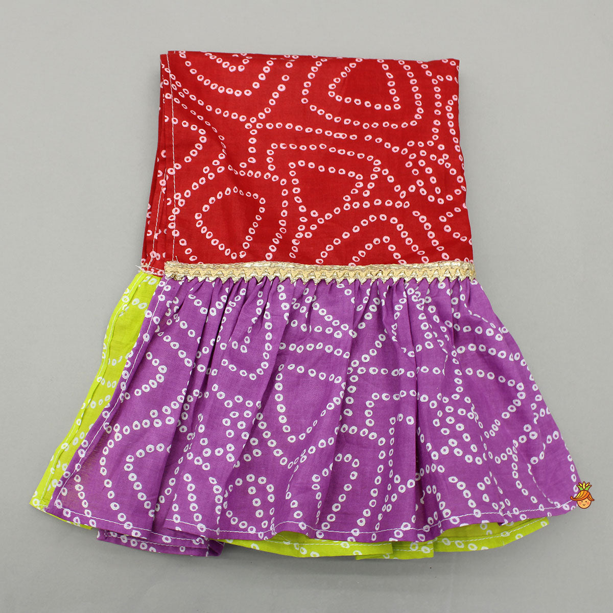 Pre Order: Faux Mirror Embroidered Colourful Tiered Top With Multicolour Bandhani Lehenga And Dupatta With Bandana