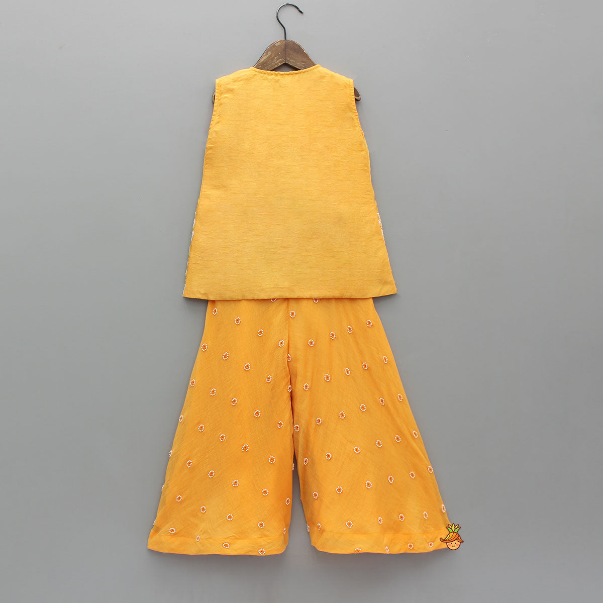 Pre Order: Sleeveless Orange Top With Tie Up Embroidered Jacket And Palazzo