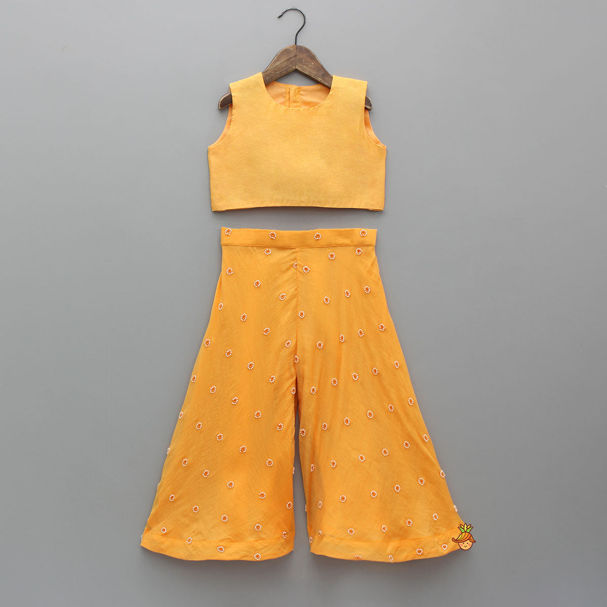 Pre Order: Sleeveless Orange Top With Tie Up Embroidered Jacket And Palazzo
