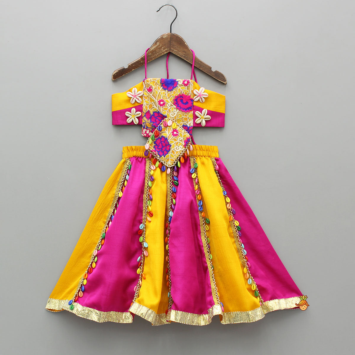 Pre Order: Cowrie Shell Embellished Yellow Embroidered Top With Lehenga