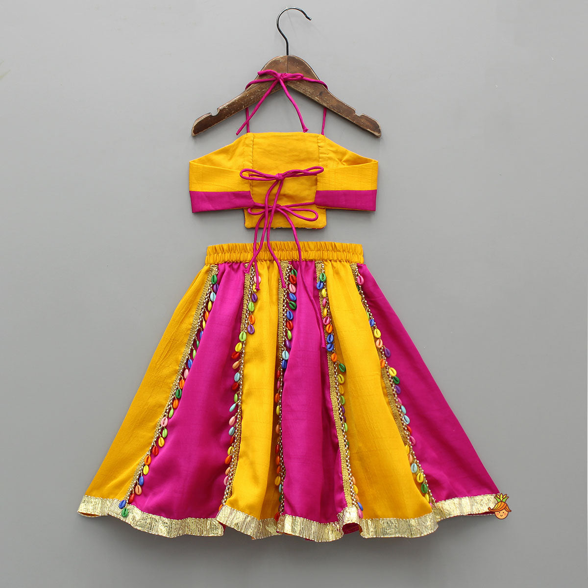 Pre Order: Cowrie Shell Embellished Yellow Embroidered Top With Lehenga