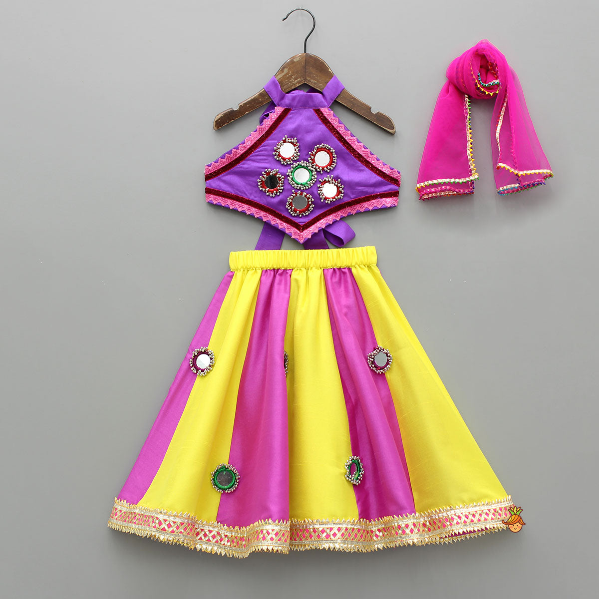 Pre Order: Stylish Mirror Embellished Halter Neck Top With Lehenga And Dupatta