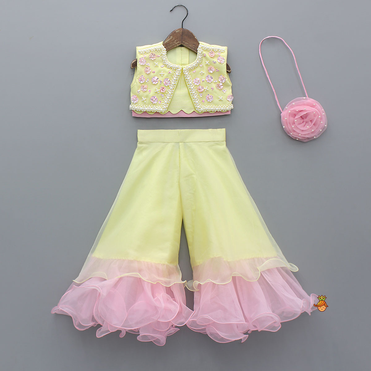 Pre Order: Scallop Designed Top And Ruffle Hem Palazzo With Floral Sling Bag