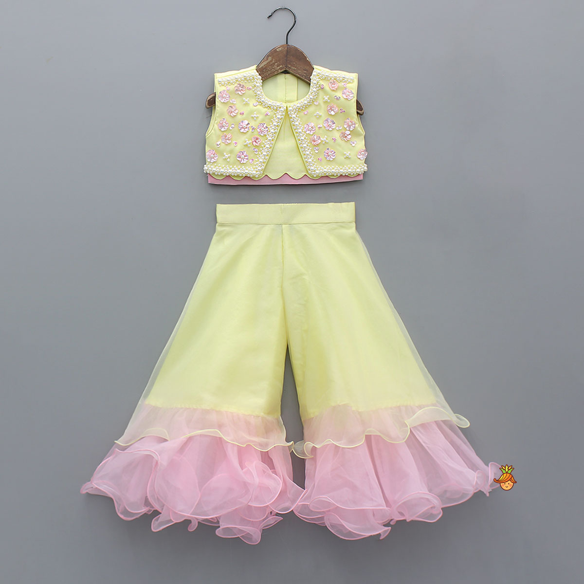 Pre Order: Scallop Designed Top And Ruffle Hem Palazzo With Floral Sling Bag