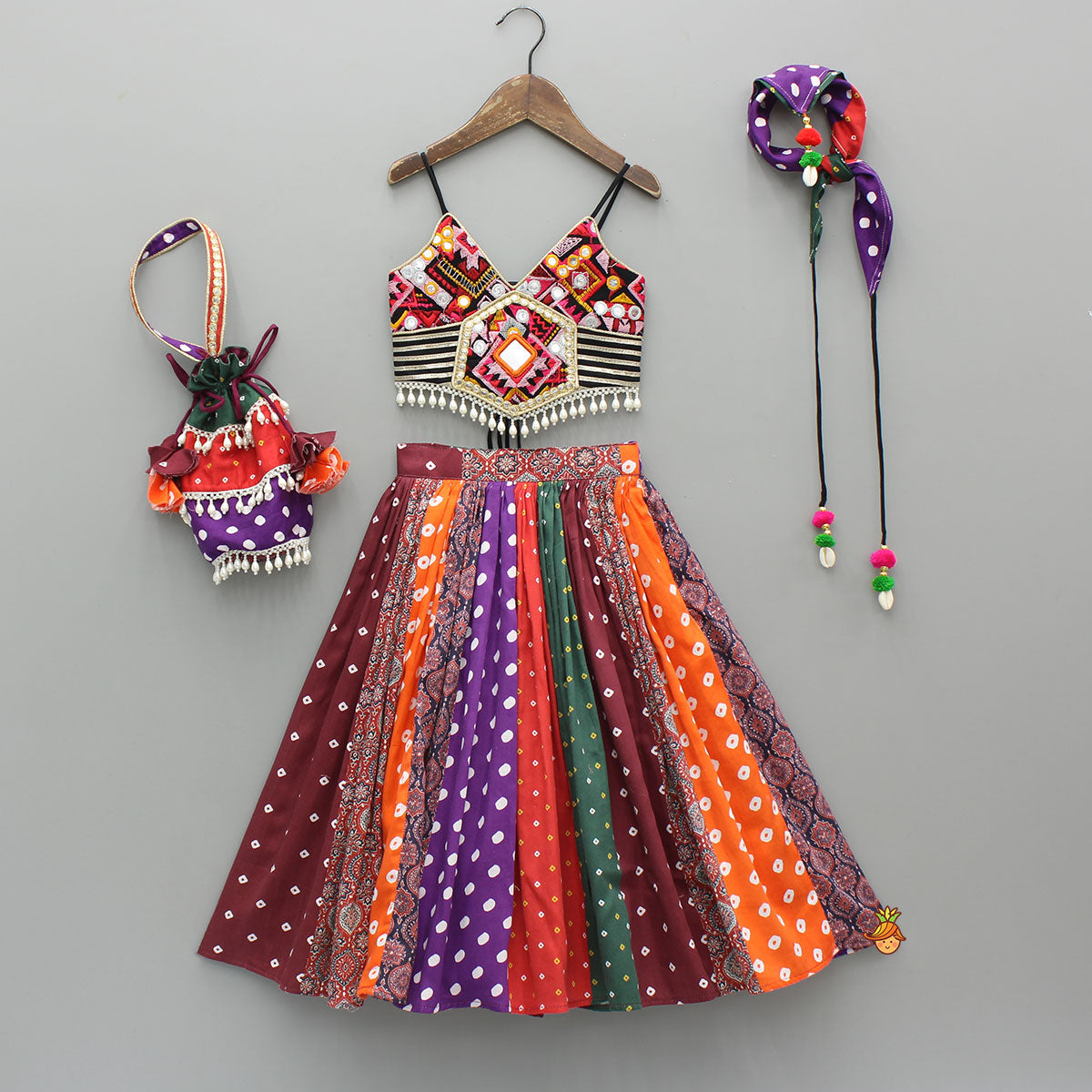 Pre Order: Strappy Mirror Embroidered Multicolour Top With Lehenga And Bandana With Potli Bag