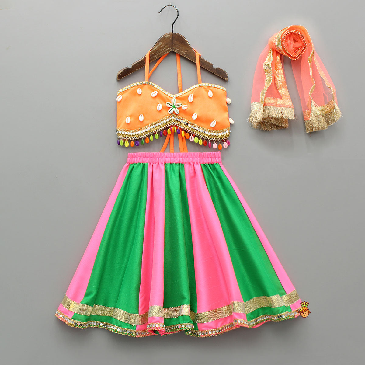 Pre Order: Stunning Shell Embellished Crop Top With Neon Lehenga And Dupatta
