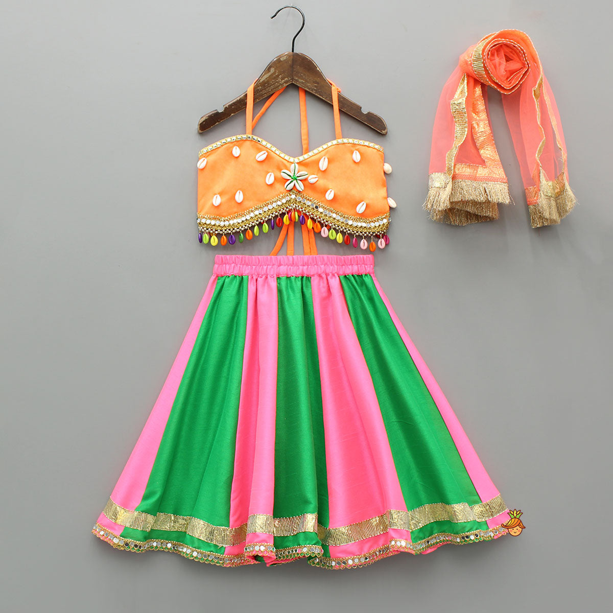 Pre Order: Stunning Shell Embellished Crop Top With Neon Lehenga And Dupatta