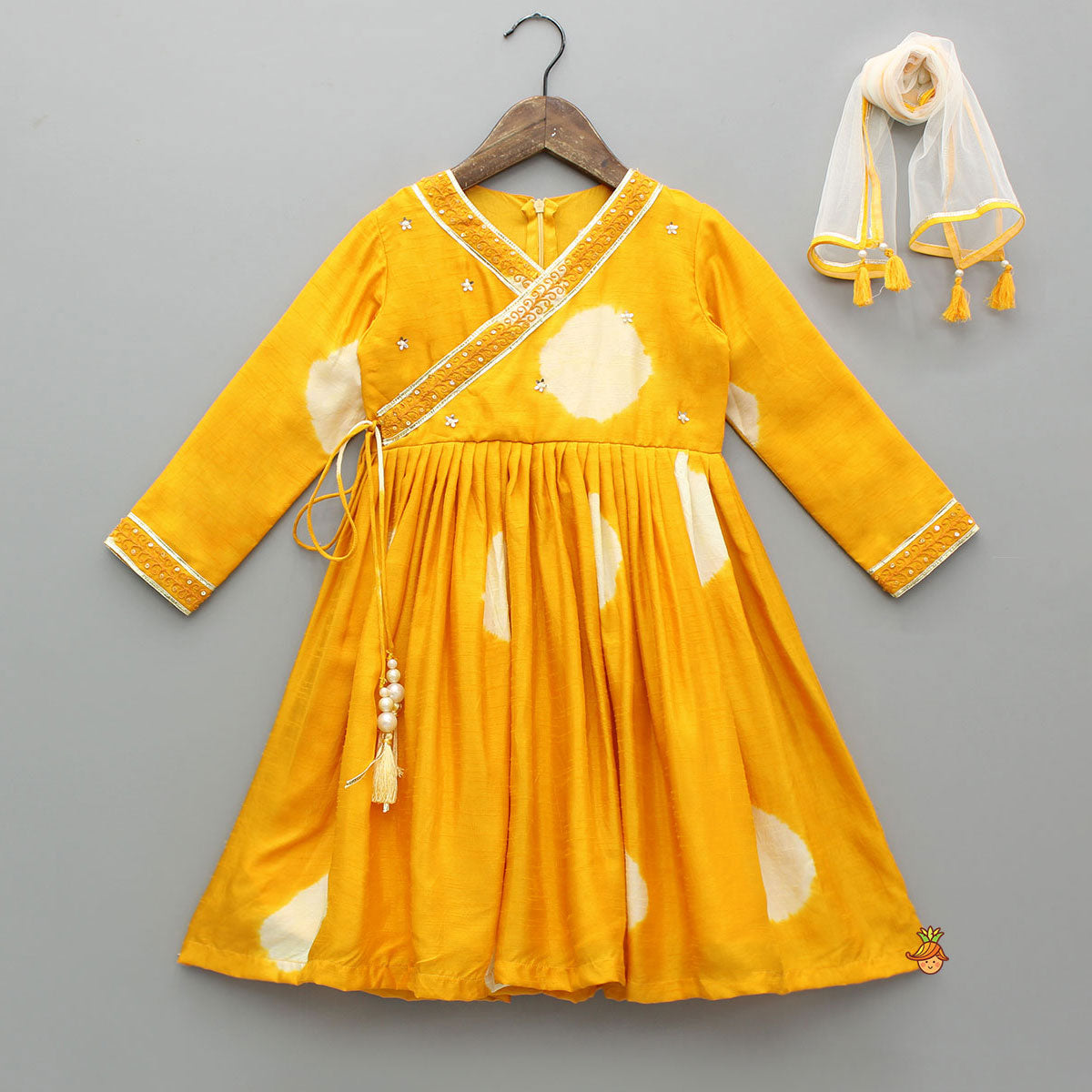 Pre Order: Yellow Angarkha Style Lace Detailed Anarkali With Dupatta