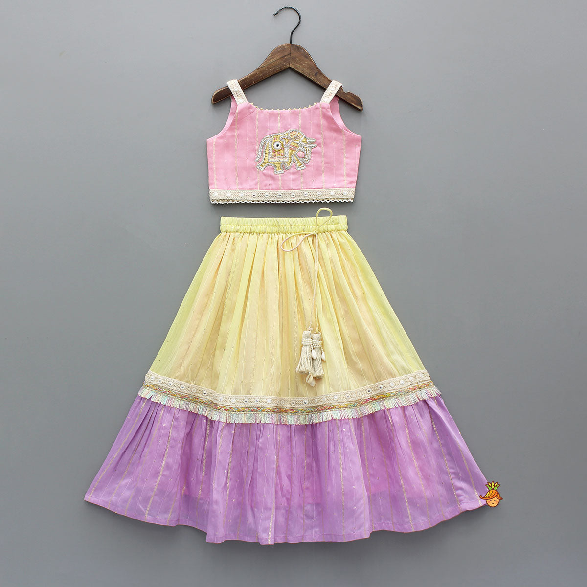 Pre Order: Strappy Elephant Embroidered Top With Dual Toned Lehenga