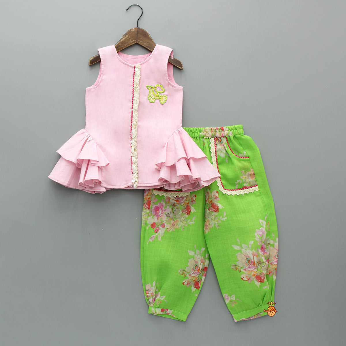 Pre Order: Adorable Sleeveless Ruffle Detailed Top With Floral Pants