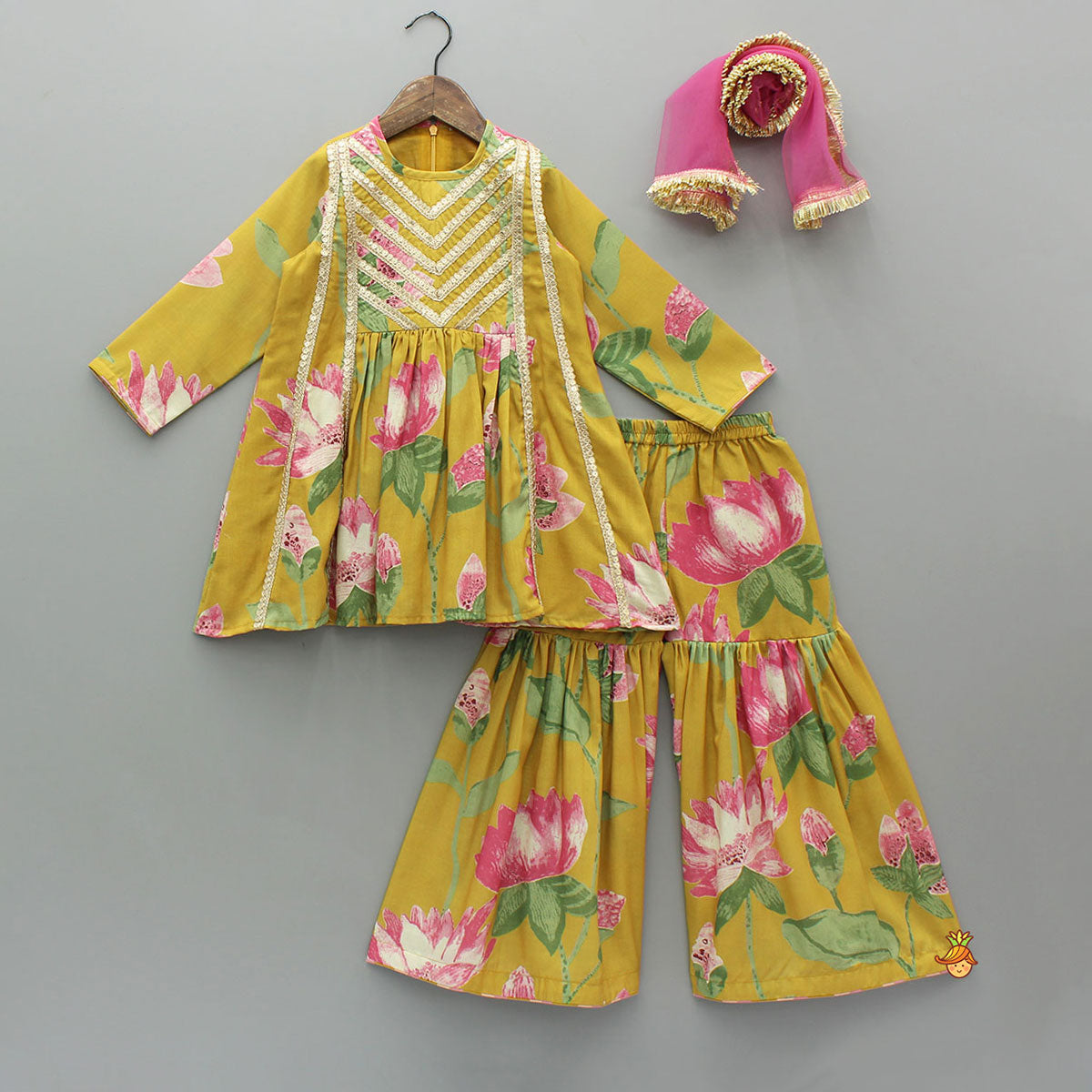 Pre Order: Floral Printed Lace Detailed Kurti With Sharara And Dupatta