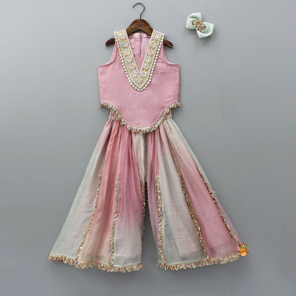 Pre Order: Heavy Beaded Yoke Top With Palazzo And Hair Clip