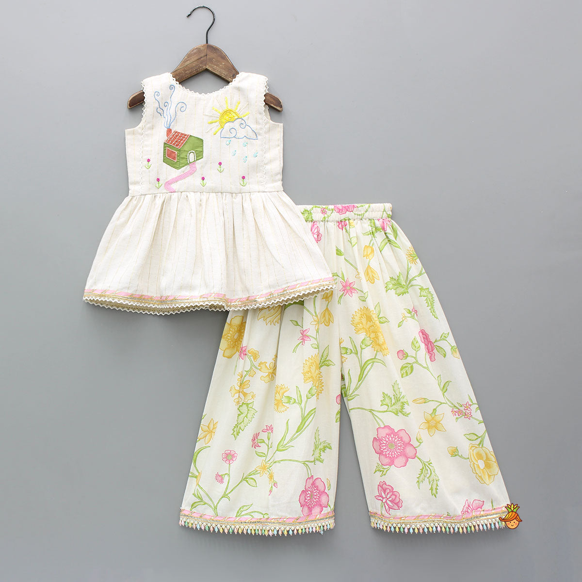Pre Order: Multicolour Embroidered Peplum Kurti With Floral Printed Culotte