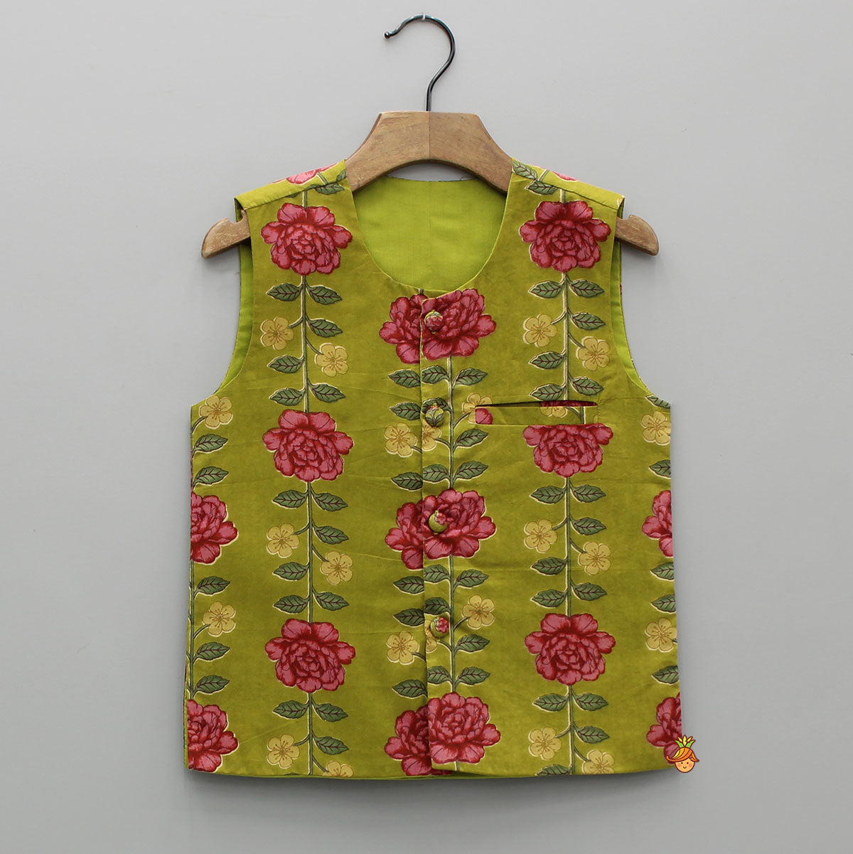 Pre Order: Floral Printed Green Kurta With Pocket Detail Jacket And Pyjama