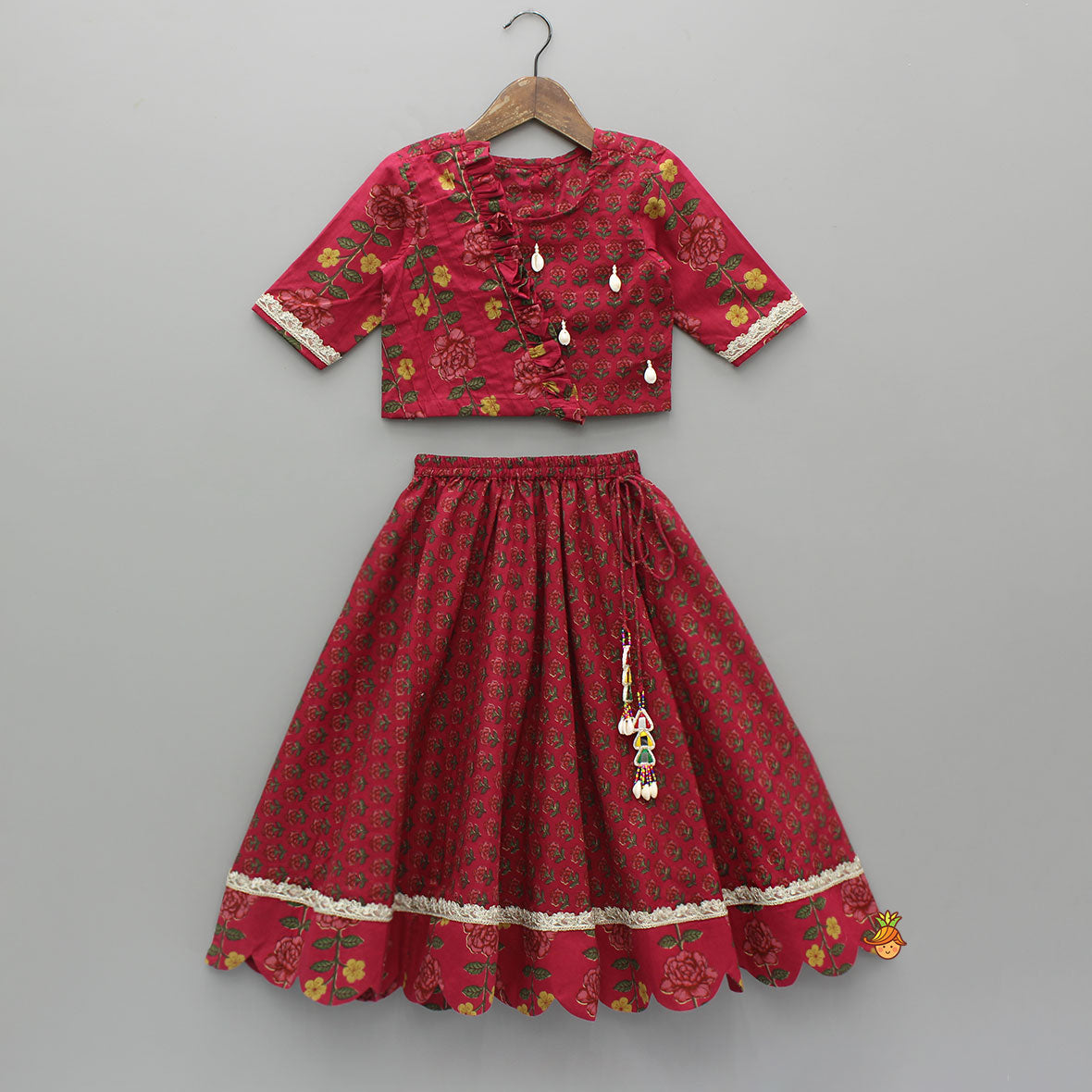 Pre Order: Floral Printed Pin Tuck Detailed Embellished Top With Matching Lehenga