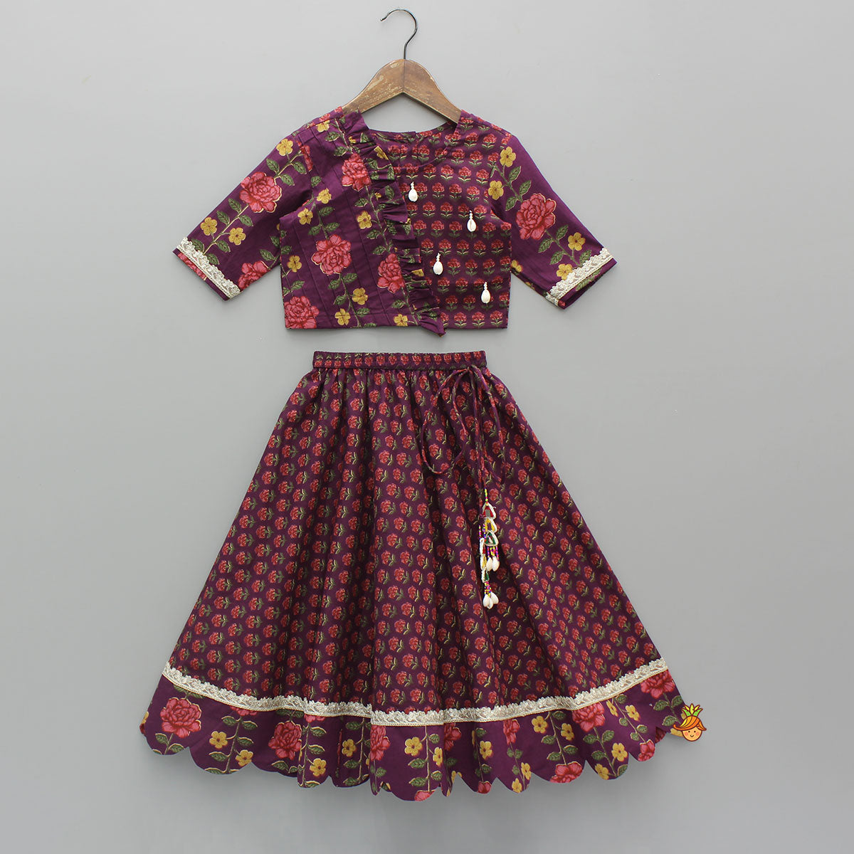 Pre Order: Floral Printed Pin Tuck Detailed Purple Top With Matching Lehenga