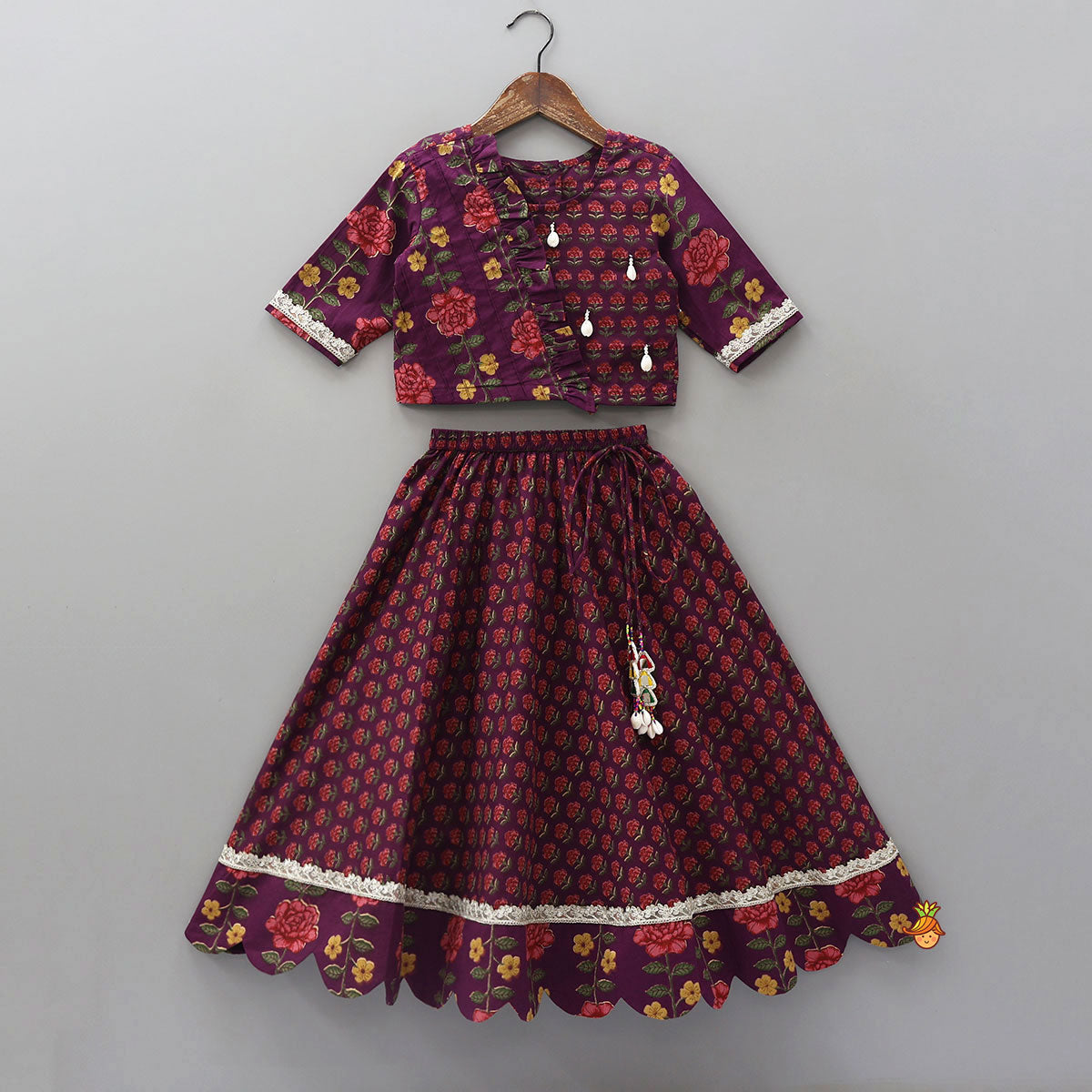 Pre Order: Floral Printed Pin Tuck Detailed Purple Top With Matching Lehenga