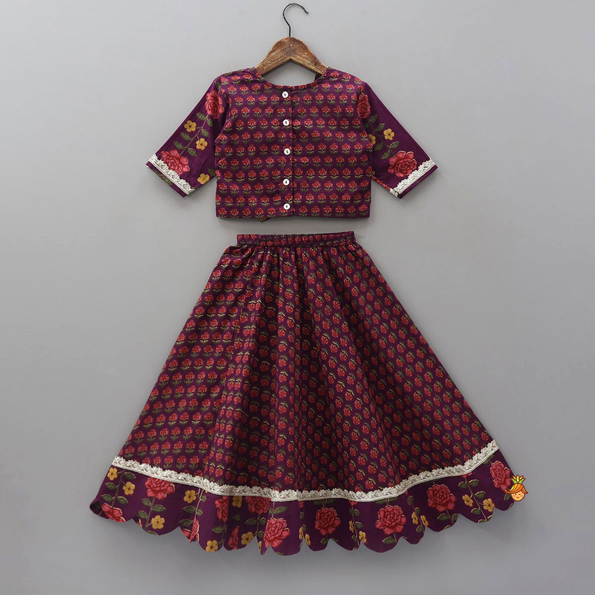 Pre Order: Floral Printed Pin Tuck Detailed Purple Top With Matching Lehenga