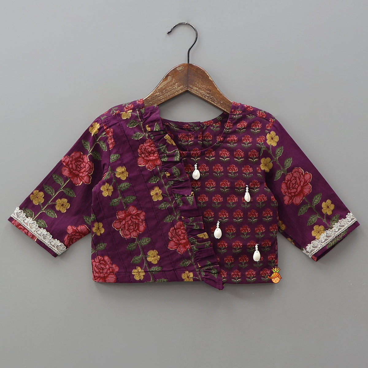 Pre Order: Floral Printed Pin Tuck Detailed Purple Top With Matching Lehenga