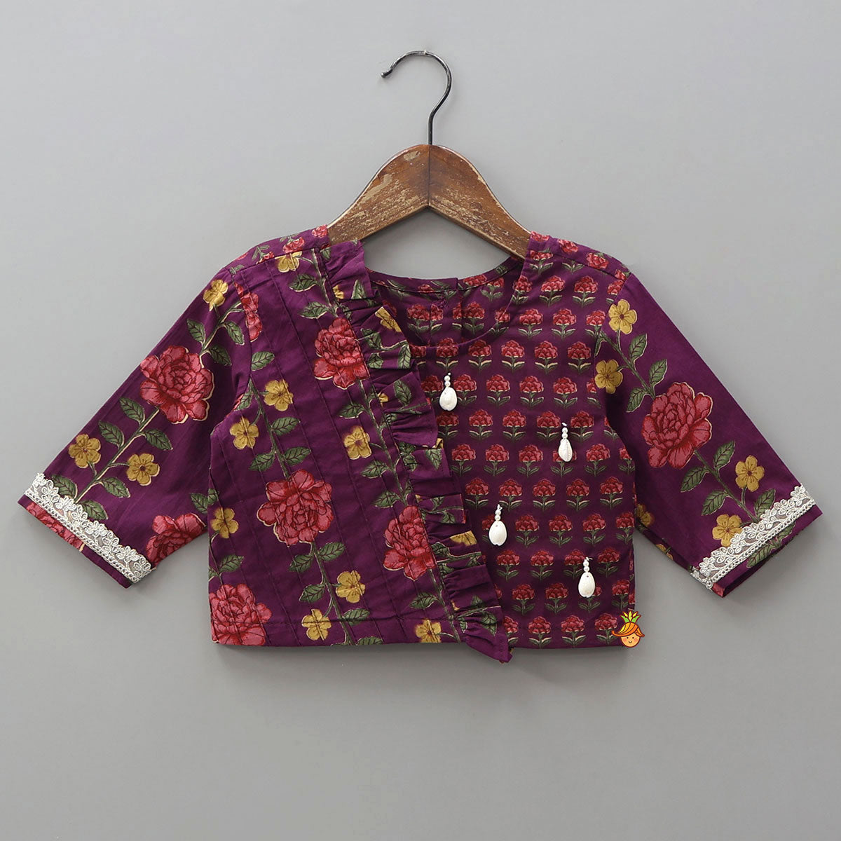 Pre Order: Floral Printed Pin Tuck Detailed Purple Top With Matching Lehenga