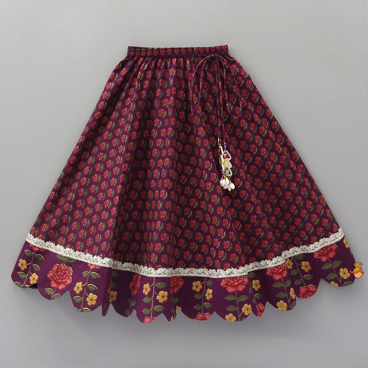 Pre Order: Floral Printed Pin Tuck Detailed Purple Top With Matching Lehenga