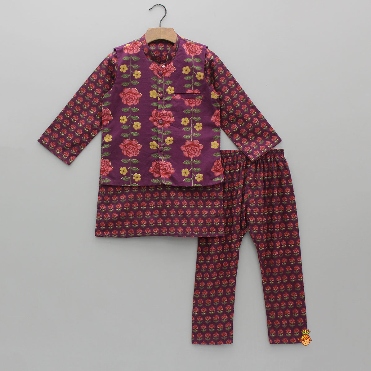 Pre Order: Floral Printed Purple Cotton Kurta With Matching Printed Jacket And Pyjama