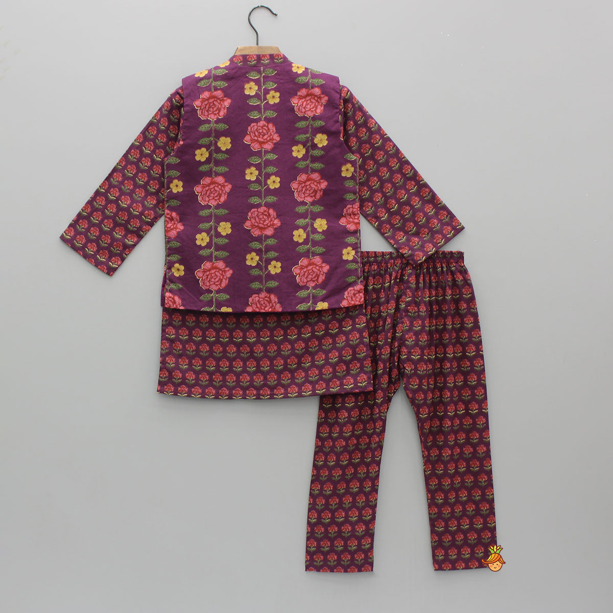 Pre Order: Floral Printed Purple Cotton Kurta With Matching Printed Jacket And Pyjama