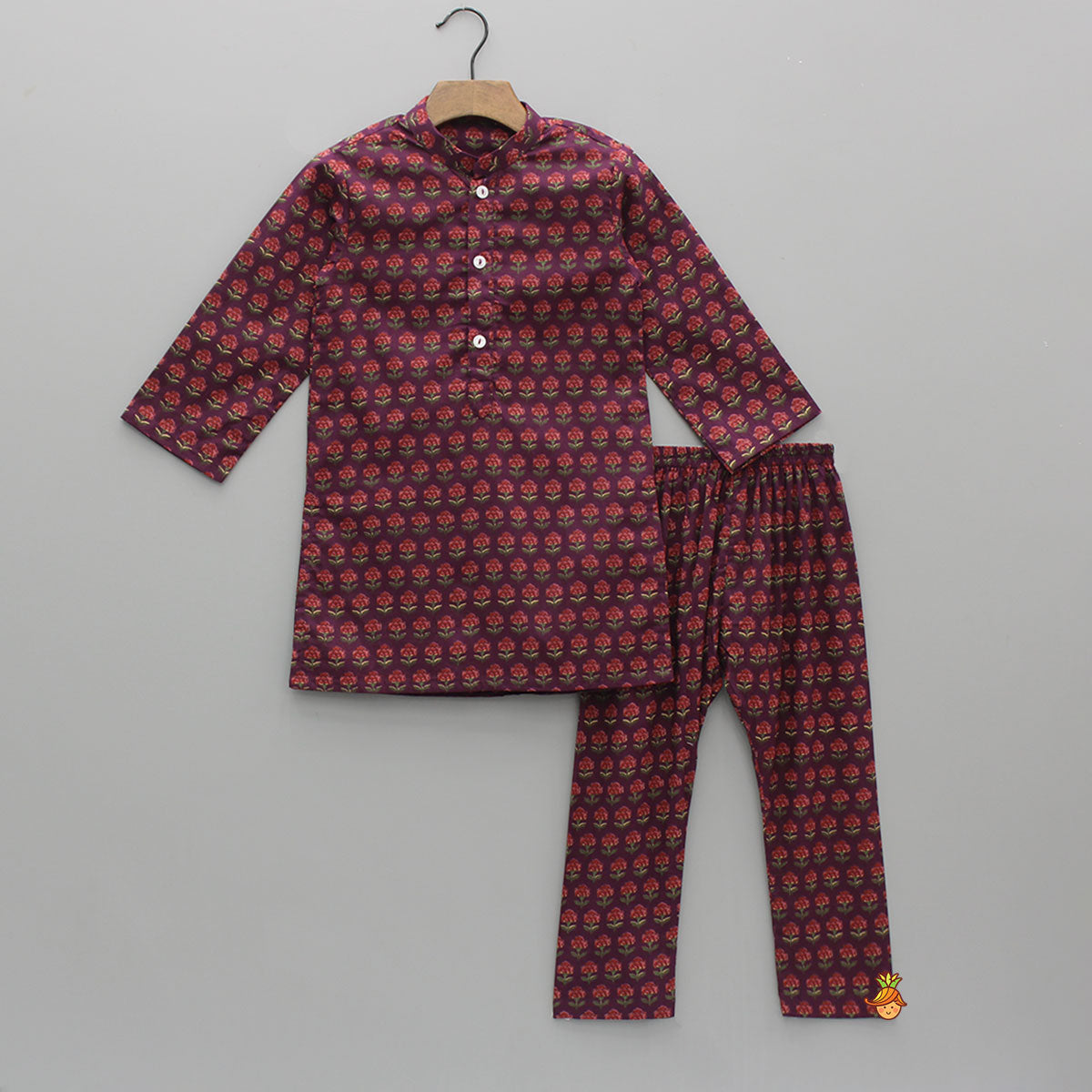Pre Order: Floral Printed Purple Cotton Kurta With Matching Printed Jacket And Pyjama