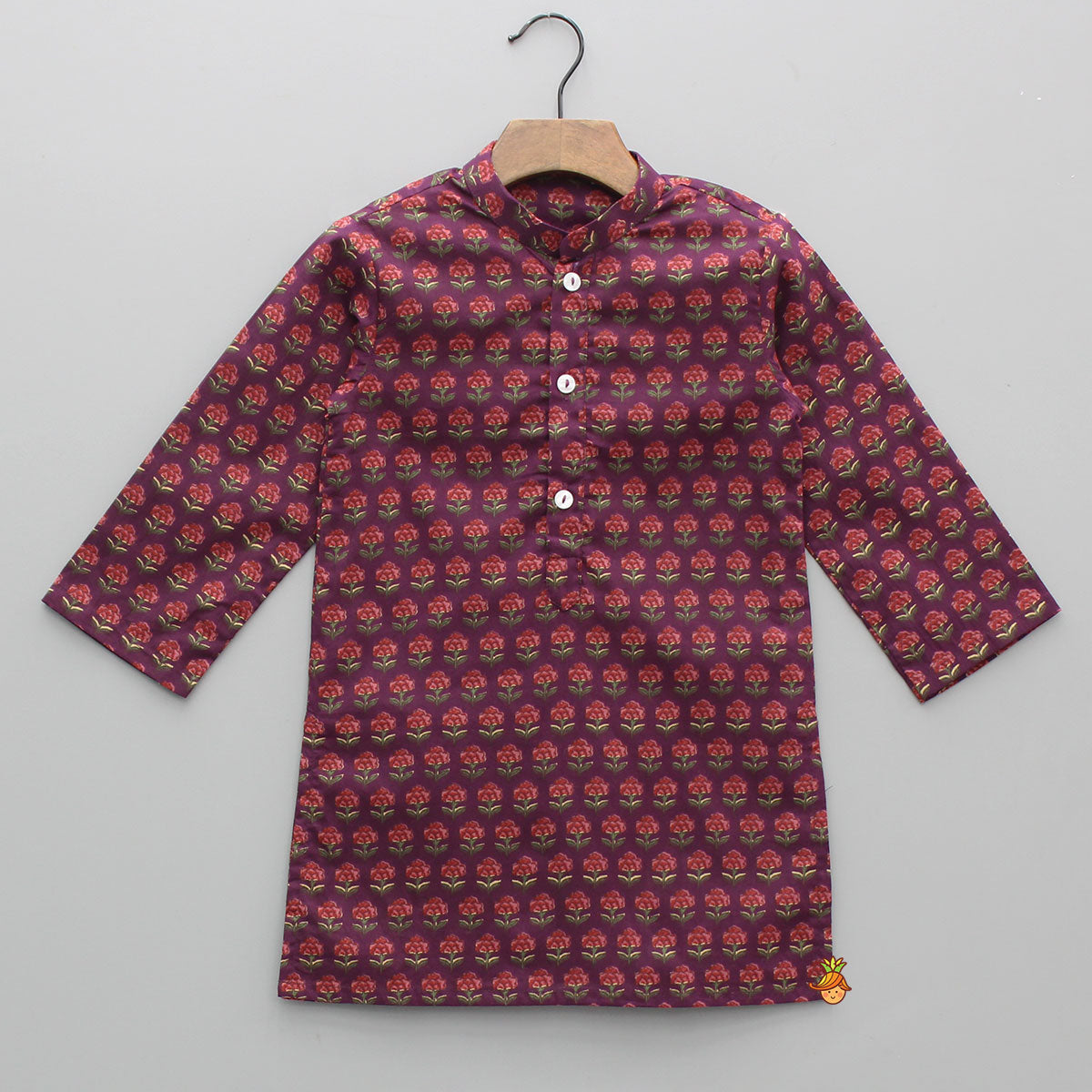Pre Order: Floral Printed Purple Cotton Kurta With Matching Printed Jacket And Pyjama