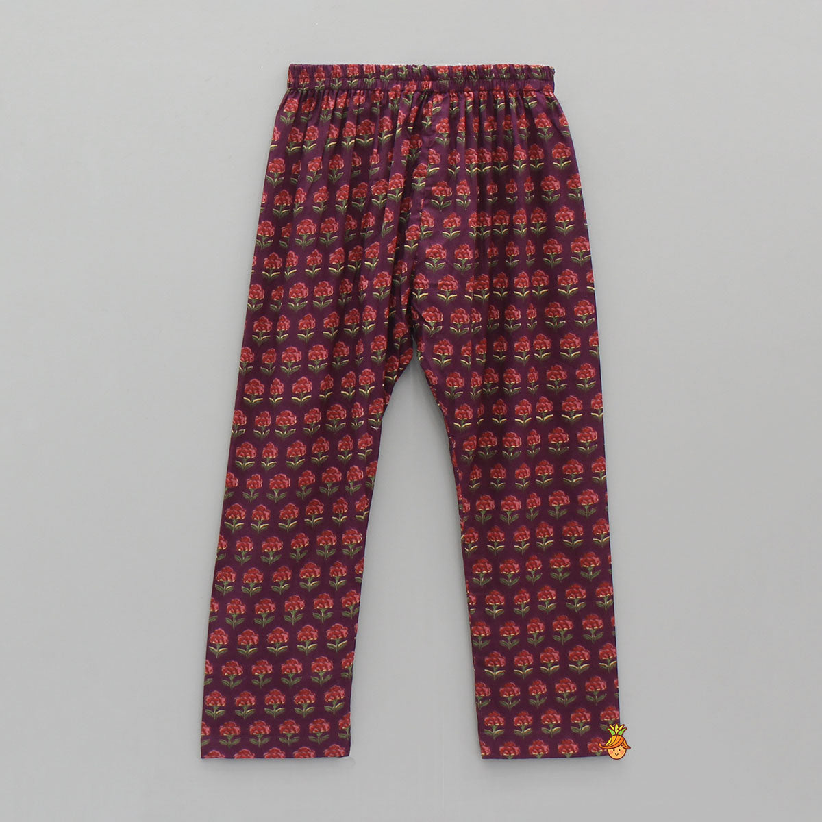 Pre Order: Floral Printed Purple Cotton Kurta With Matching Printed Jacket And Pyjama