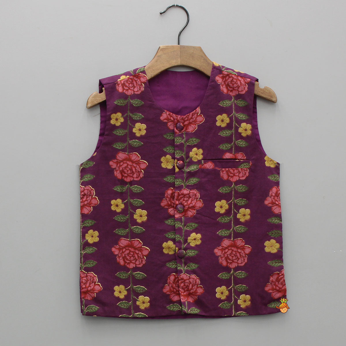 Pre Order: Floral Printed Purple Cotton Kurta With Matching Printed Jacket And Pyjama