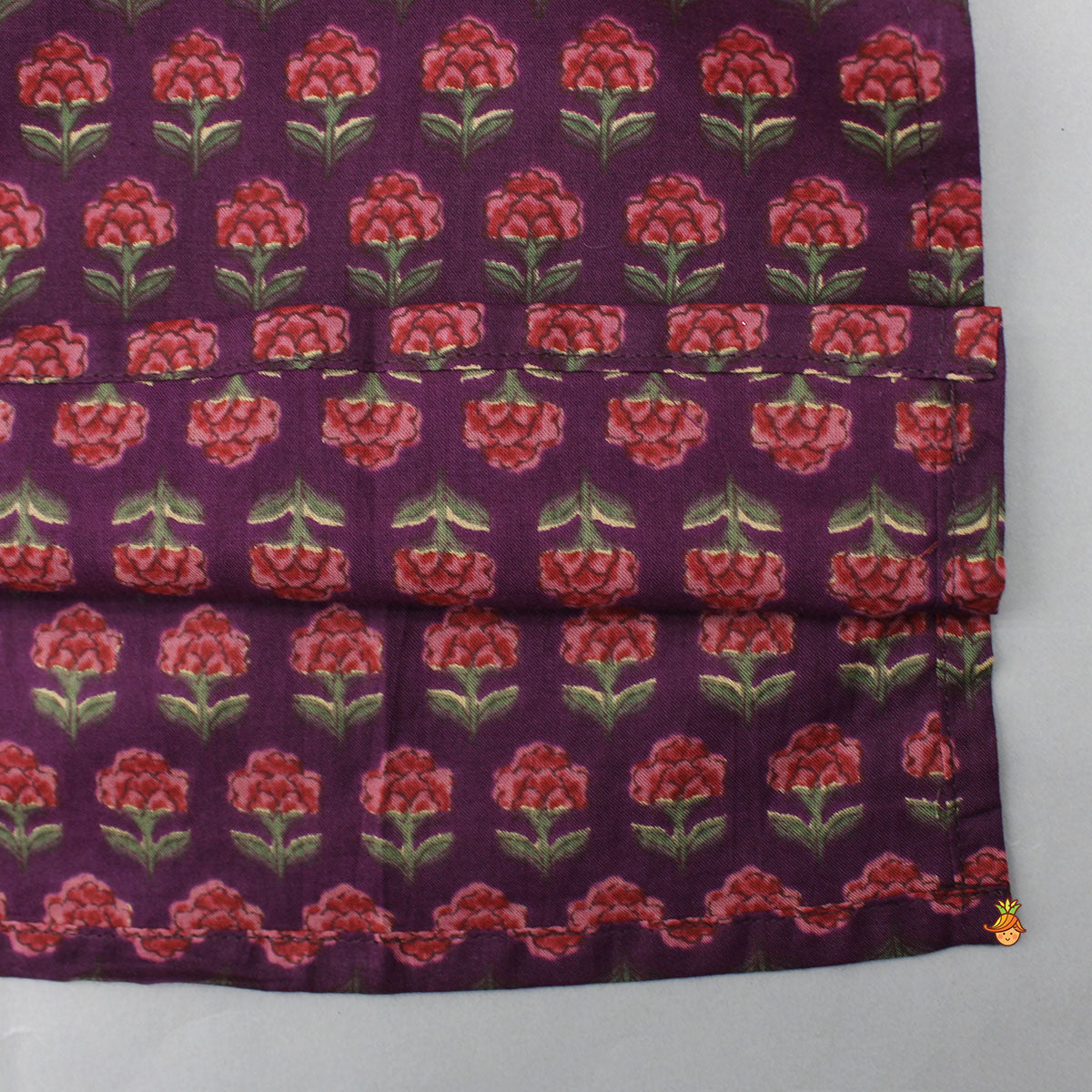 Pre Order: Floral Printed Purple Cotton Kurta With Matching Printed Jacket And Pyjama