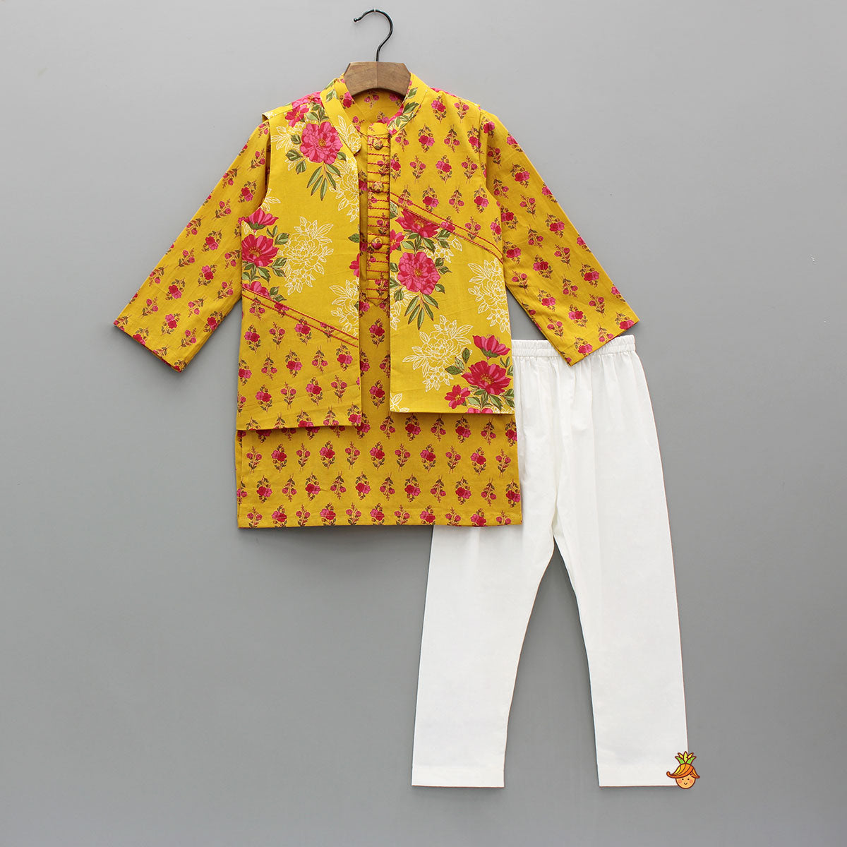 Pre Order: Yellow Floral Printed Kurta With Matching Front Open Jacket And Pyjama