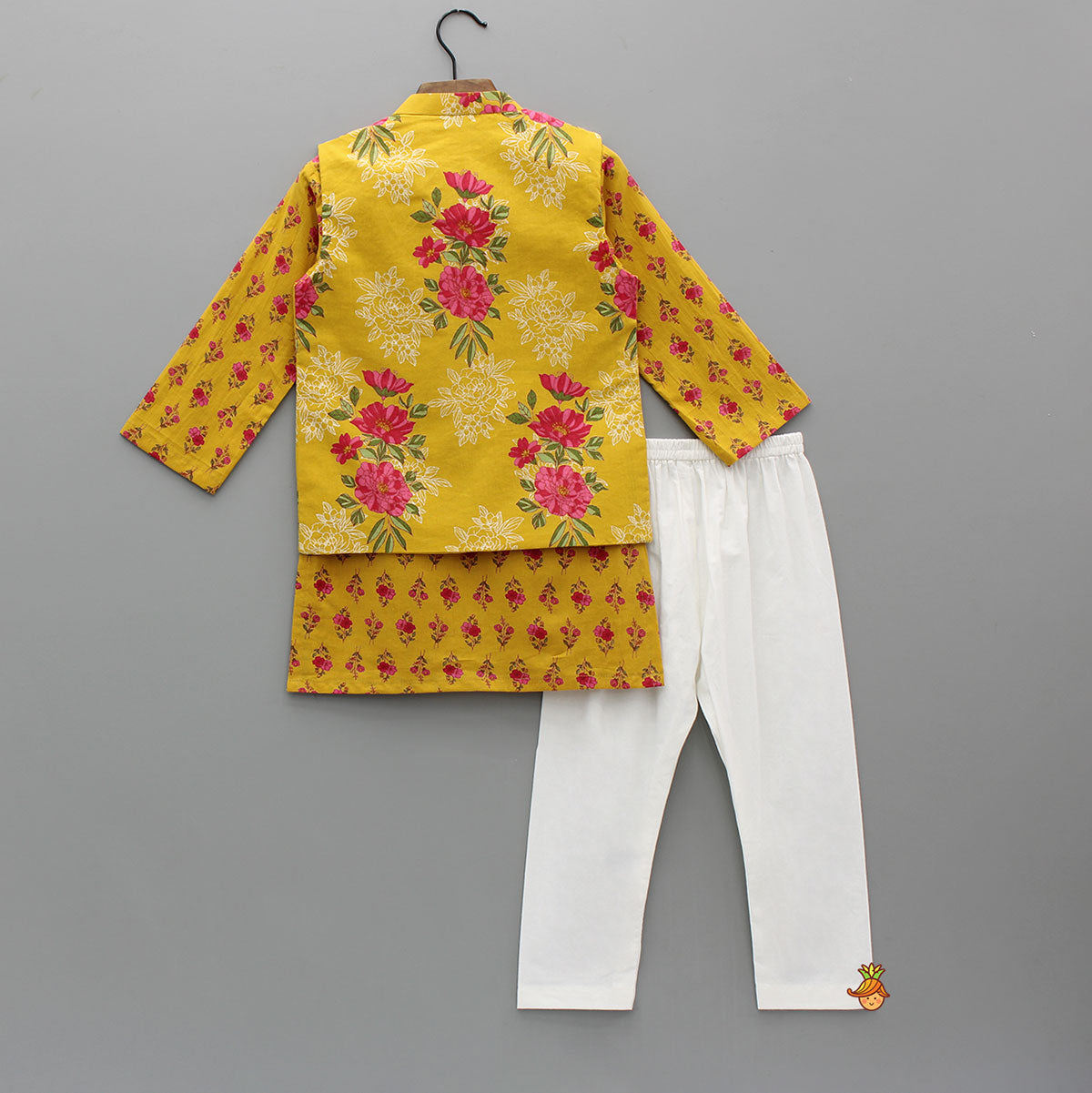 Pre Order: Yellow Floral Printed Kurta With Matching Front Open Jacket And Pyjama