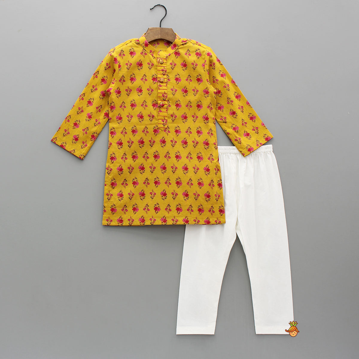 Pre Order: Yellow Floral Printed Kurta With Matching Front Open Jacket And Pyjama