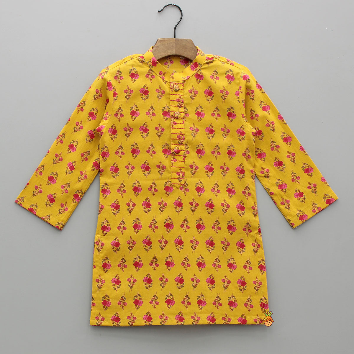 Pre Order: Yellow Floral Printed Kurta With Matching Front Open Jacket And Pyjama