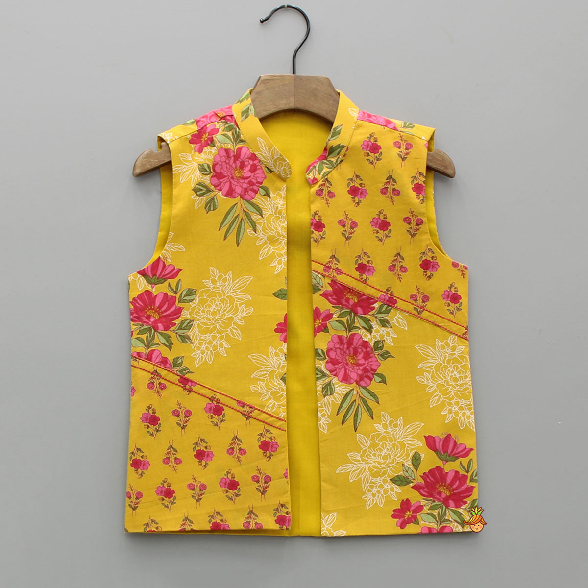 Pre Order: Yellow Floral Printed Kurta With Matching Front Open Jacket And Pyjama