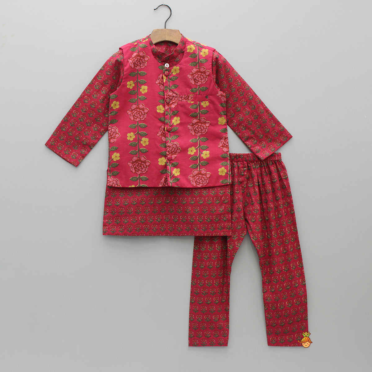 Pre Order: Floral Printed Cotton Kurta With Matching Printed Jacket And Pyjama