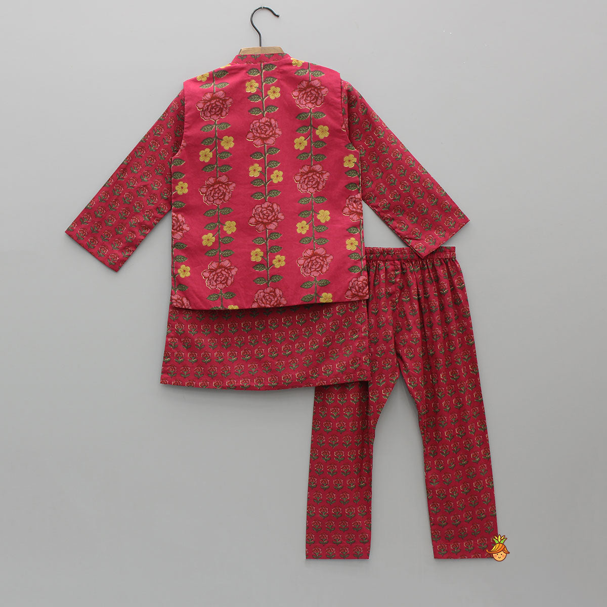 Pre Order: Floral Printed Cotton Kurta With Matching Printed Jacket And Pyjama