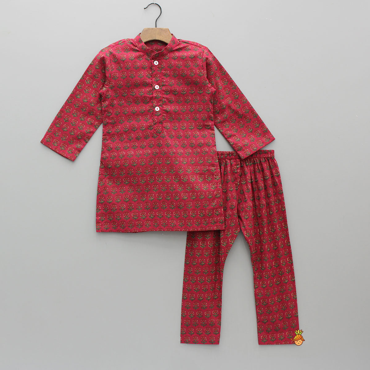 Pre Order: Floral Printed Cotton Kurta With Matching Printed Jacket And Pyjama