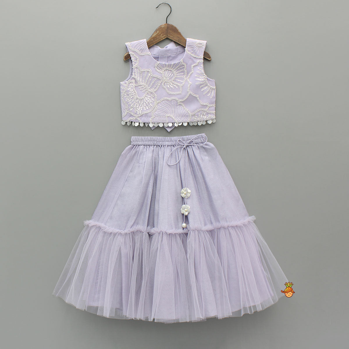 Pre Order: Lavender Bow Adorned Sleeveless Embroidered Top With Lehenga