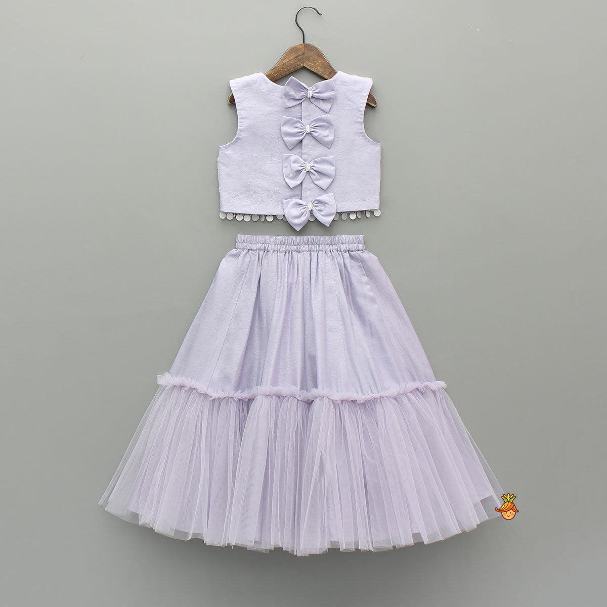 Pre Order: Lavender Bow Adorned Sleeveless Embroidered Top With Lehenga