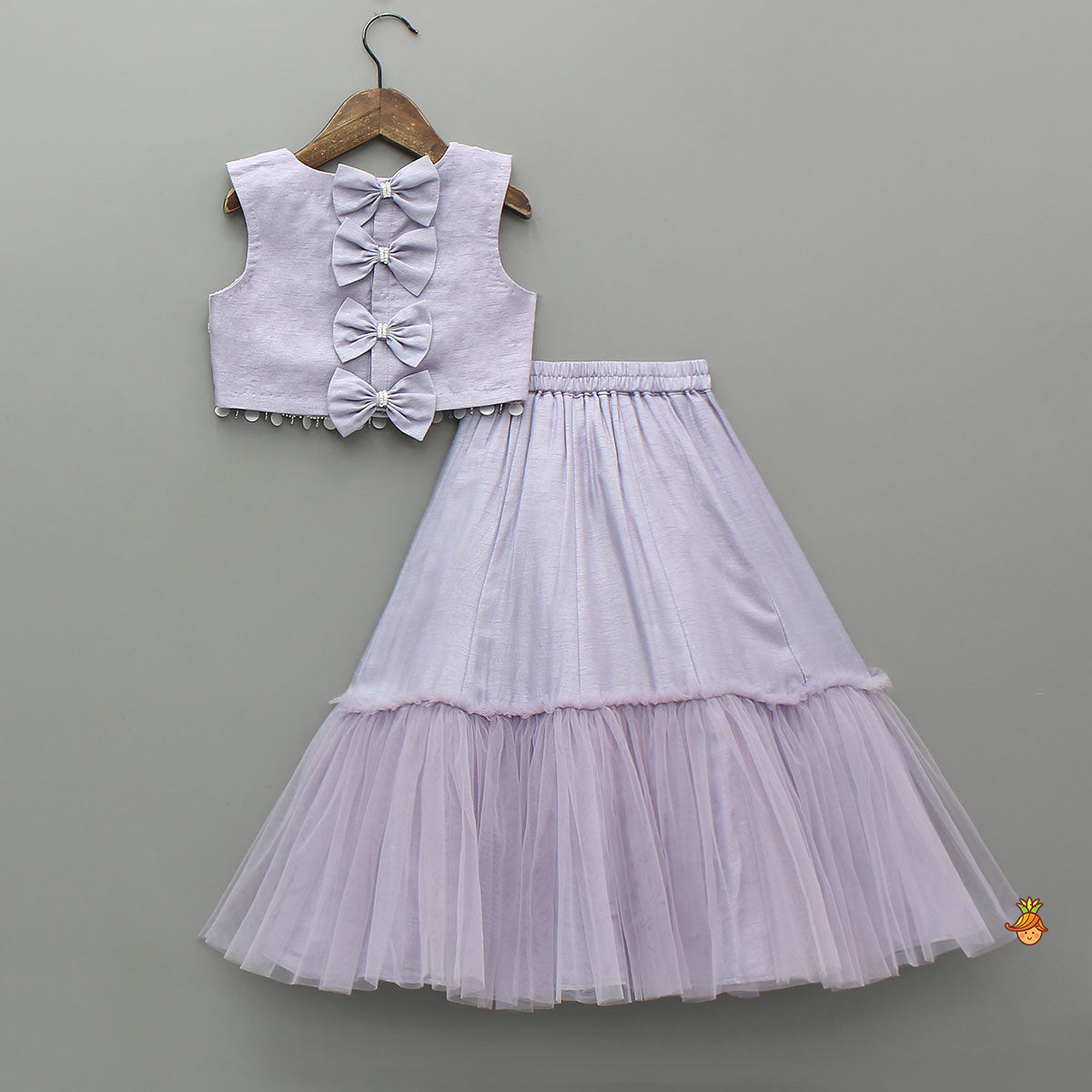 Pre Order: Lavender Bow Adorned Sleeveless Embroidered Top With Lehenga