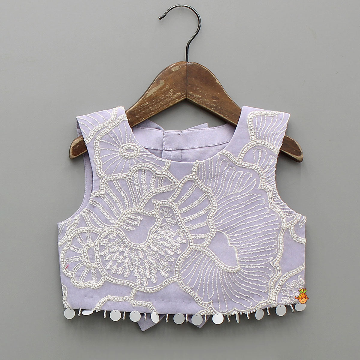 Pre Order: Lavender Bow Adorned Sleeveless Embroidered Top With Lehenga