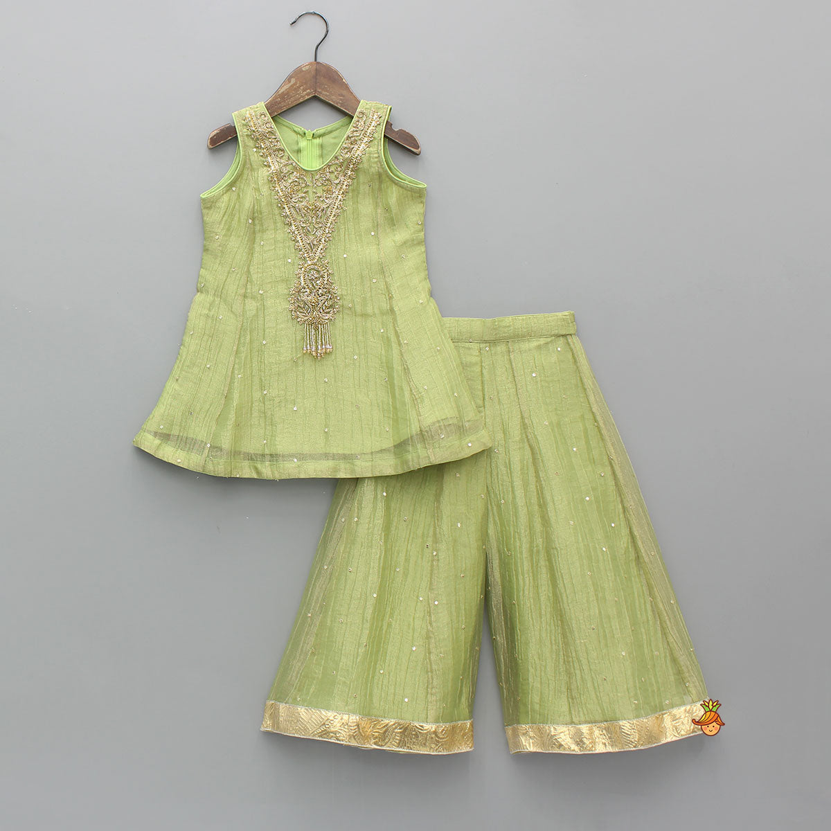 Pre Order: Shimmery Embroidered Sleeveless Kurti With Shimmery Palazzo