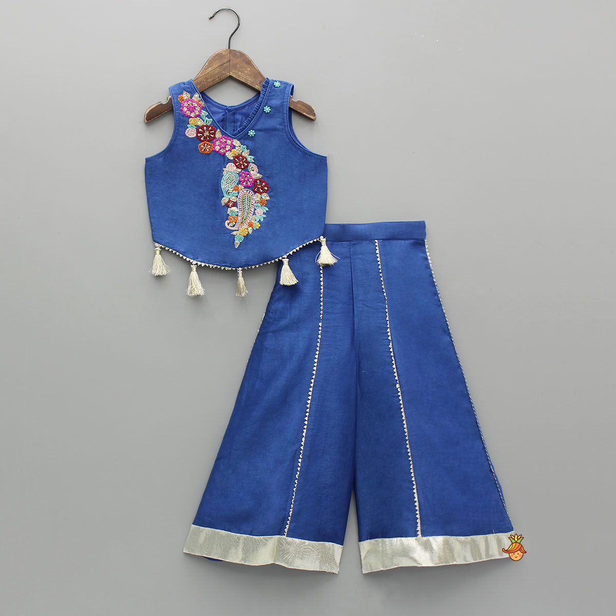 Pre Order: Blue Floral Embroidered Sleeveless Top With Palazzo