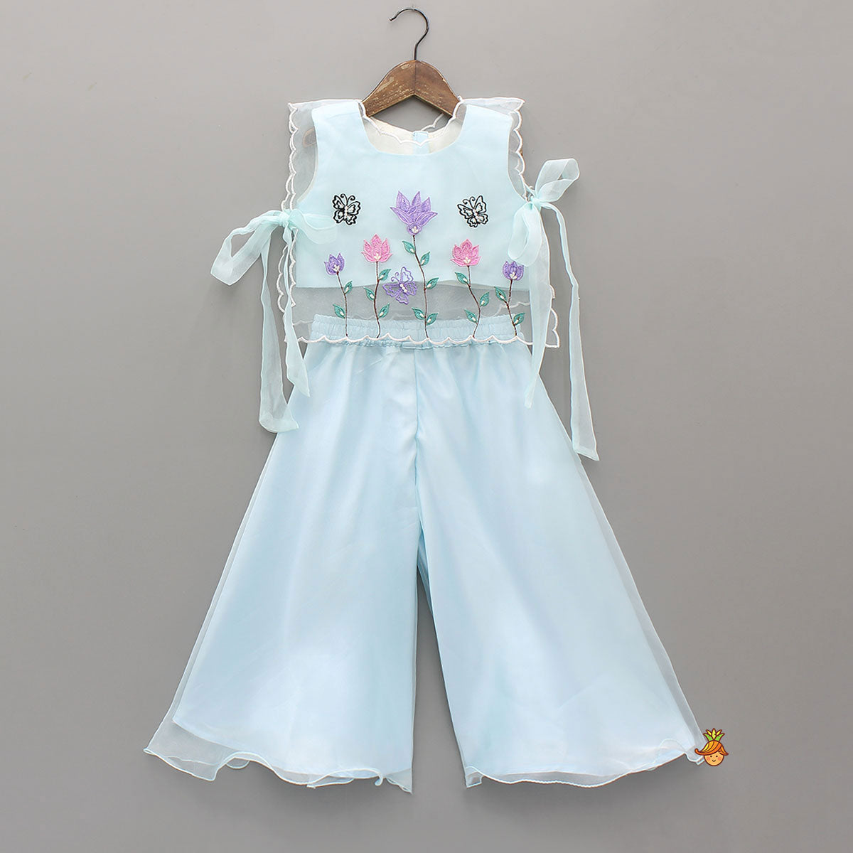 Pre Order: Top With Beautiful Floral Embroidered Organza Cape With Palazzo