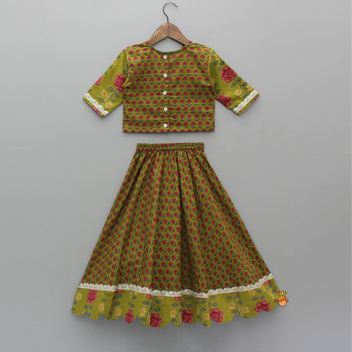 Pre Order: Floral Printed Pin Tuck Detailed Top With Lehenga
